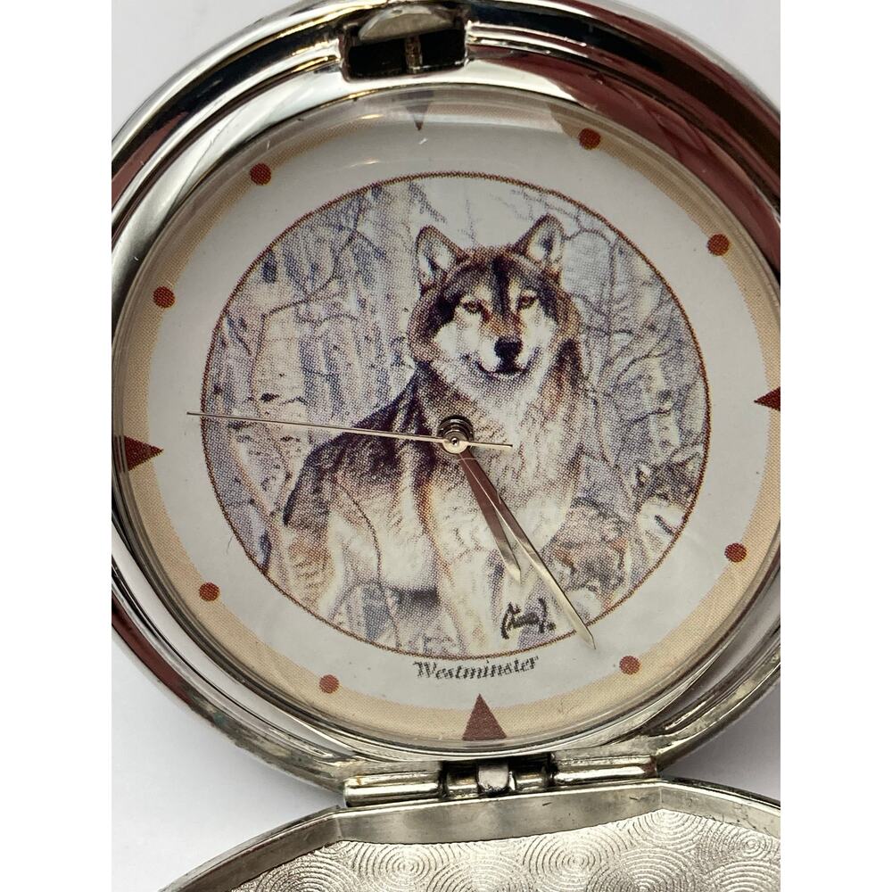 Westminster Quartz Wolf Pocket Watch Full Hunter - New Battery - Chain and Clip - Picture 4 of 11